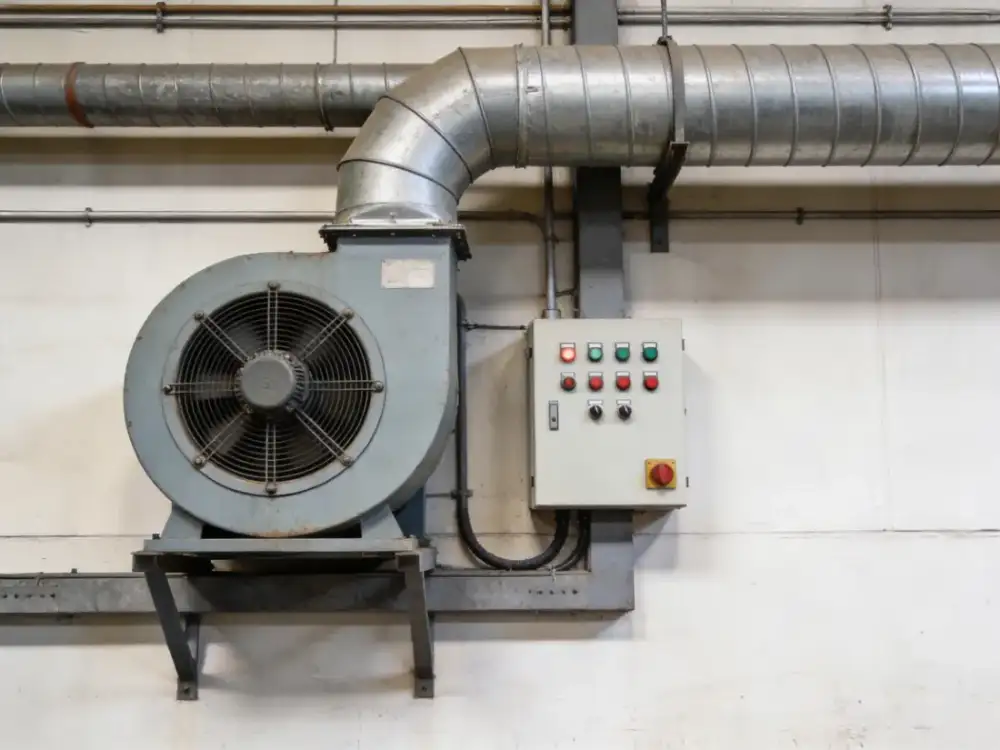 Exaustor industrial e painel de comando de sistema de ventilação