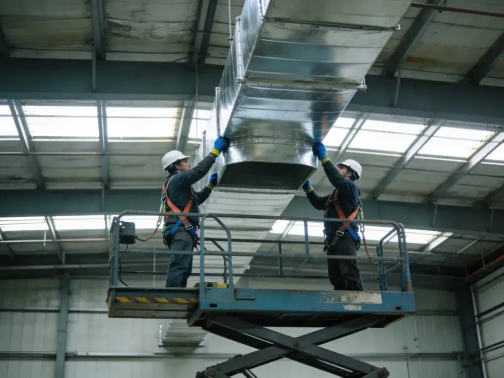 Instalação de duto de exaustão industrial no teto de galpão fabril