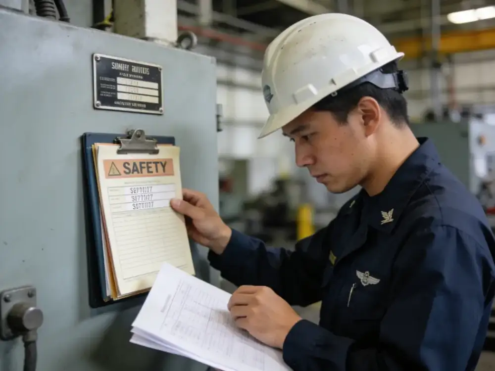 Engenheiro conferindo dados de placa de identificação do equipamento