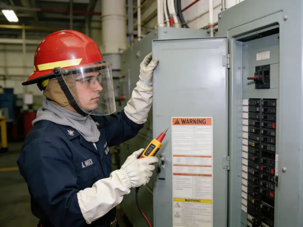 Eletricista com EPI de arco elétrico medindo painel de comando industrial