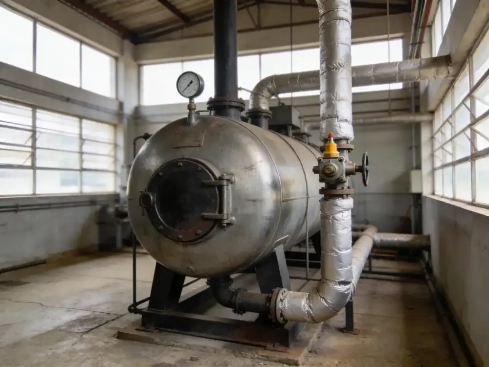 Vaso de pressão industrial com válvula de segurança e tubulação isolada
