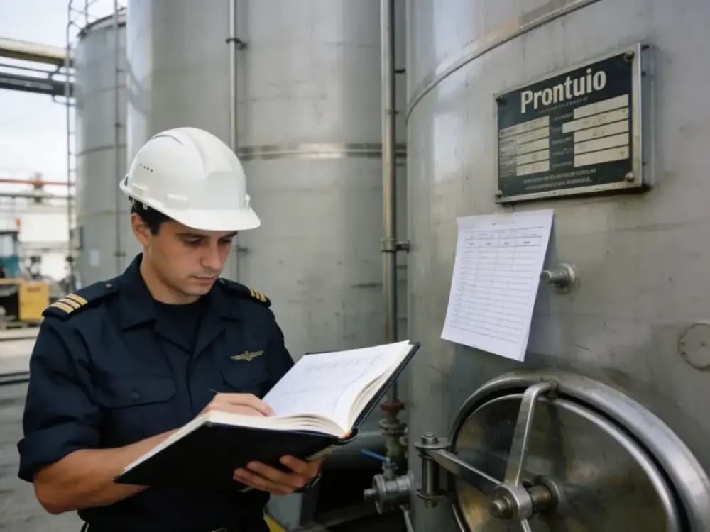 Engenheiro conferindo prontuário de equipamento junto a tanque industrial