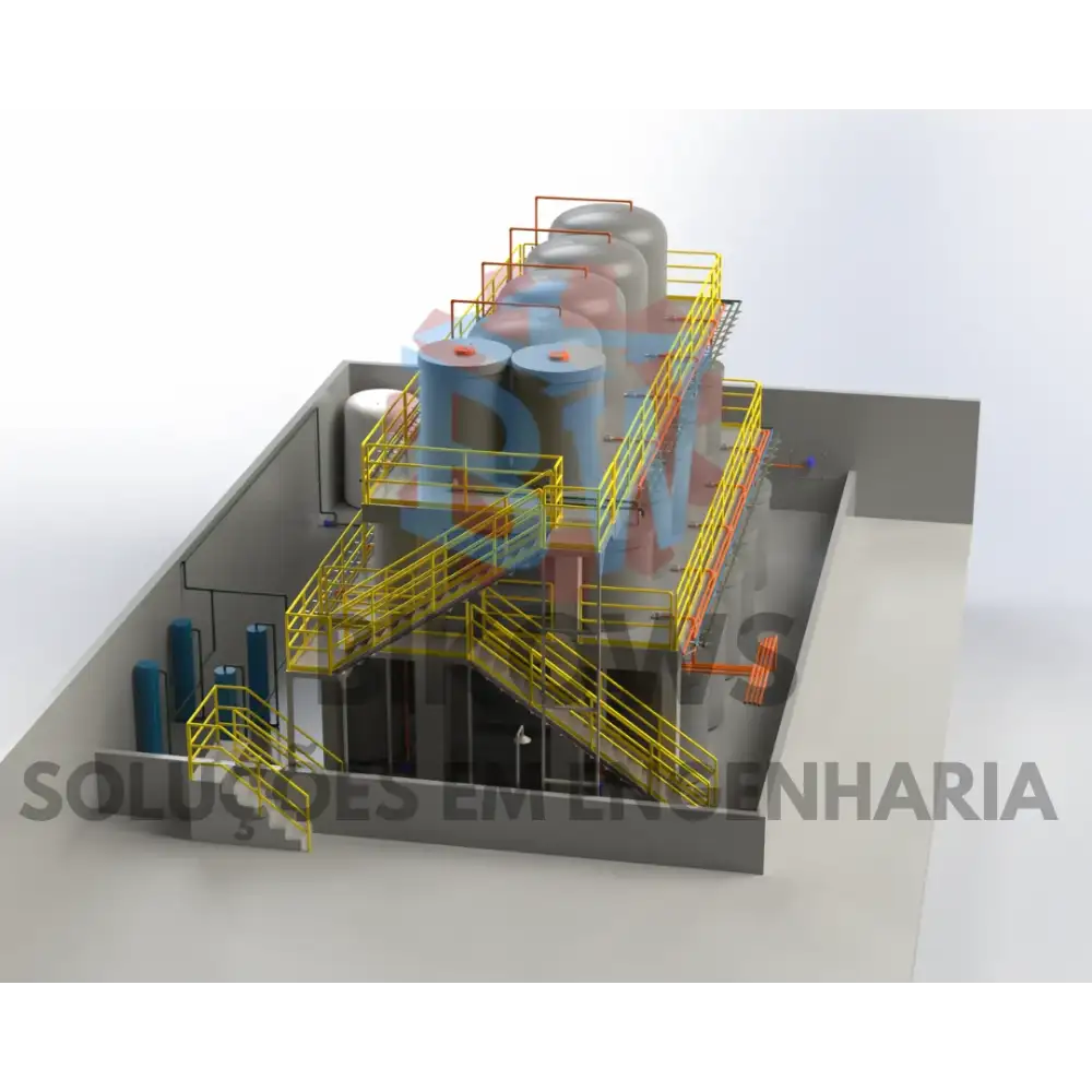 Projeto tridimensional de plataforma de processo com tanques e guarda-corpos