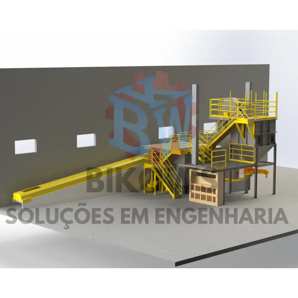Projeto tridimensional de transportador e plataforma com estrutura metálica