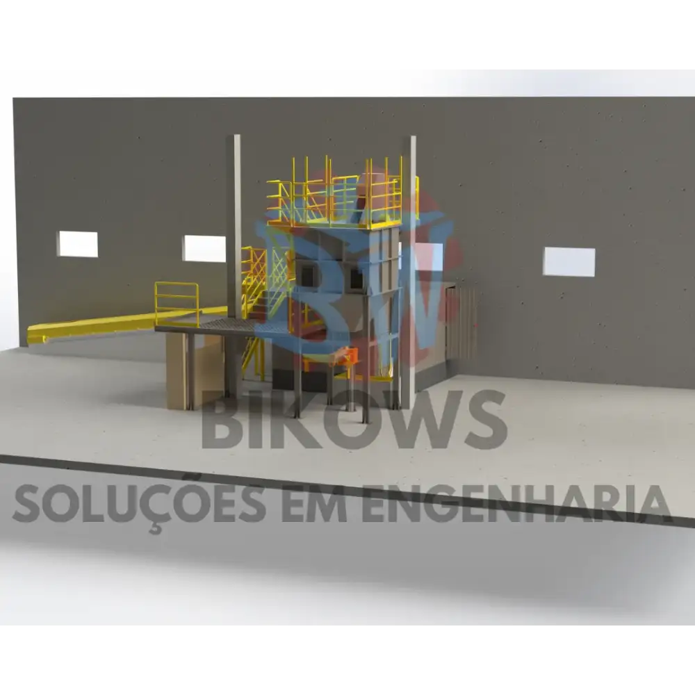 Projeto tridimensional de estrutura industrial com transportador e mezanino