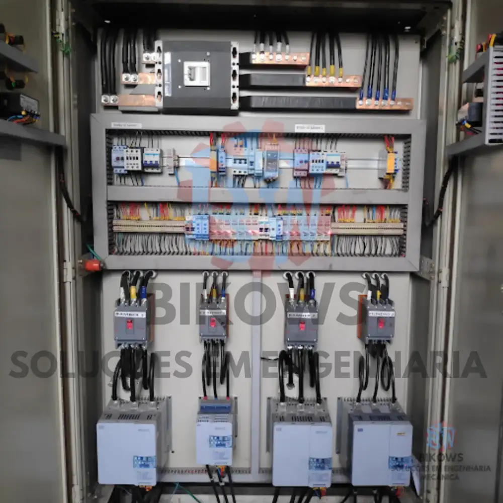 Corredor industrial com proteção em malha amarela e passarela elevada