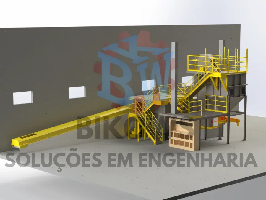 Projeto tridimensional de estrutura de fundição com proteções e plataformas