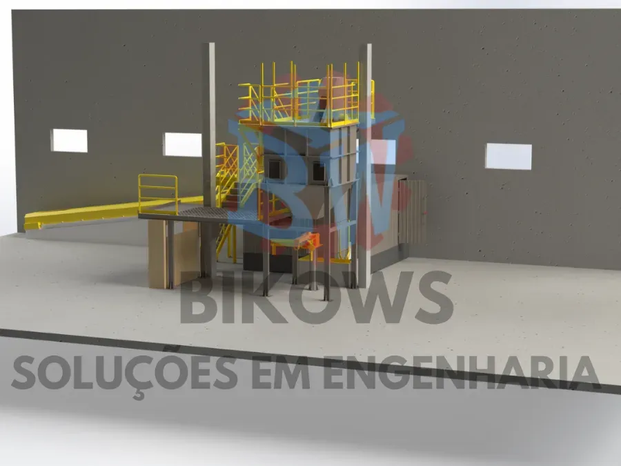 Projeto tridimensional de estrutura industrial com transportador e mezanino
