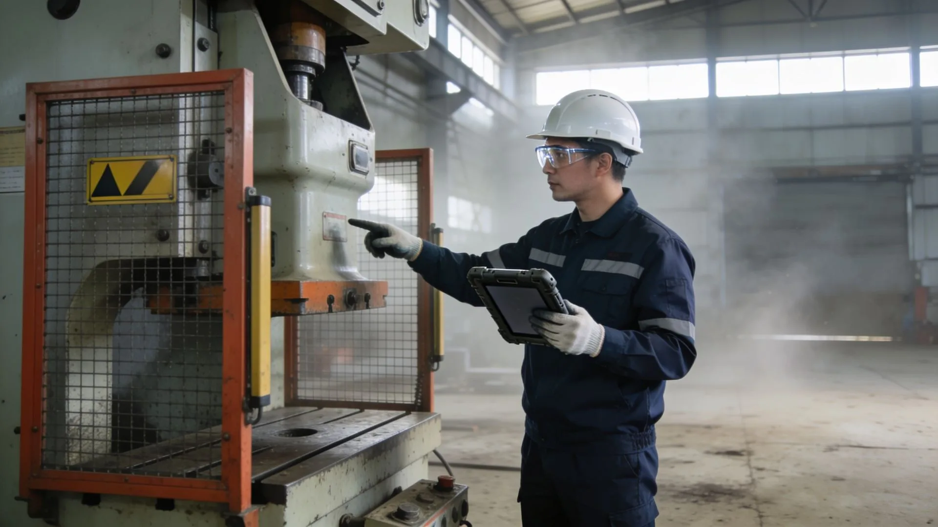 Engenheiro da Bikows avaliando prensa industrial com proteção fixa e portão intertravado em galpão fabril
